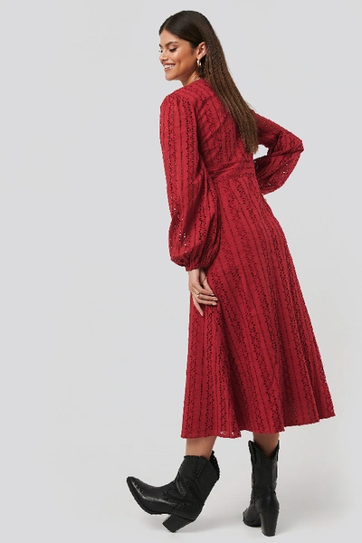 Shop Na-kd Balloon Sleeve Anglaise Midi Dress - Red In Dark Red