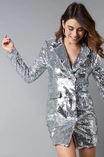 Shop Na-kd Oversized Sequins Blazer Dress - Silver