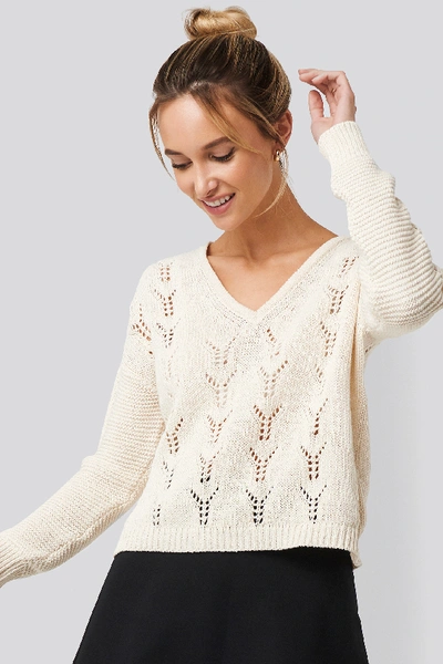 Shop Pamela X Na-kd Deep V-neck Lace Stitch Sweater - White