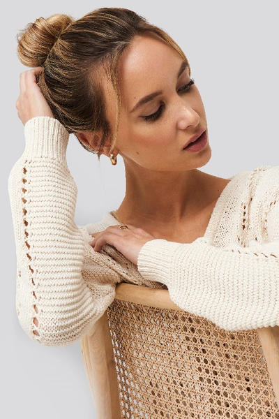 Shop Pamela X Na-kd Deep V-neck Lace Stitch Sweater - White