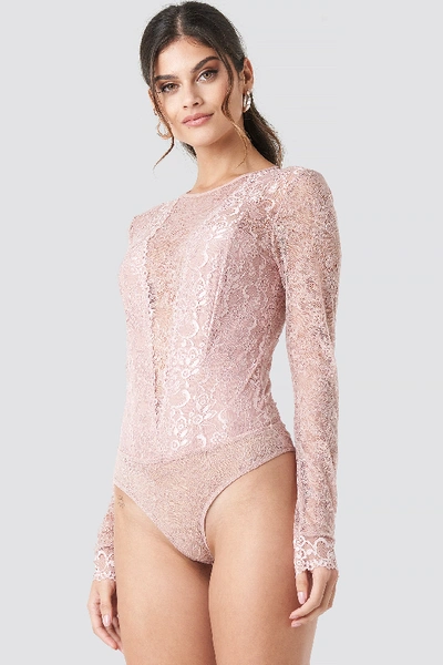 Shop Na-kd Long Sleeve Lace Bodysuit Pink In Pink Umber