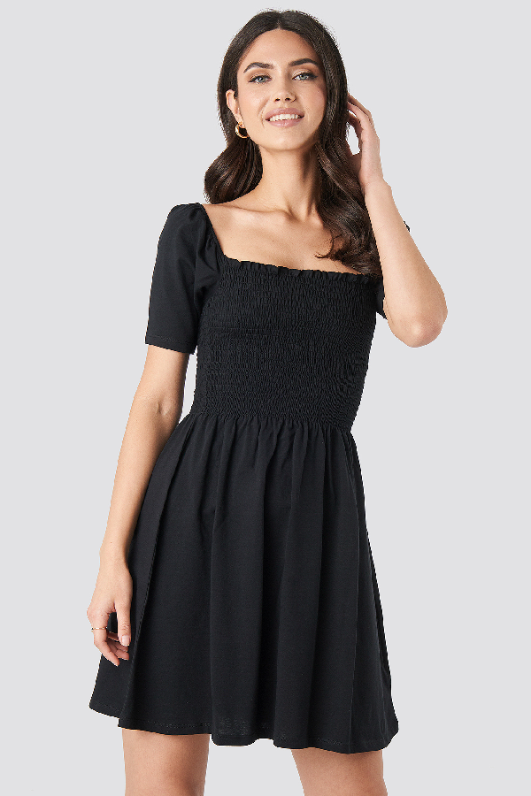 Na-kd Puff Sleeve Shirring Mini Dress - Black In Deep Black | ModeSens