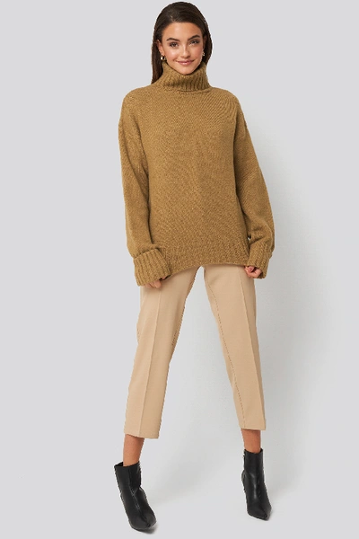 Shop Afj X Na-kd Folded Sleeve Oversize Sweater - Brown In Light Beige