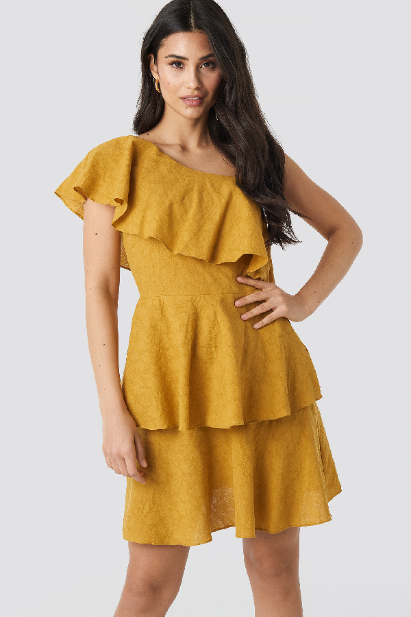 mustard one shoulder dress