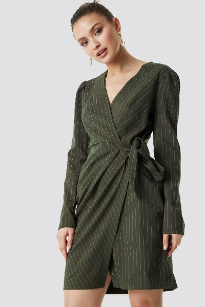 Shop Trendyol Striped Wrapped Midi Dress - Green In Khaki
