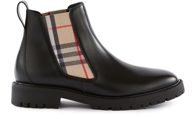 Shop Burberry Vintage Check Detail Leather Chelsea Boots In Black