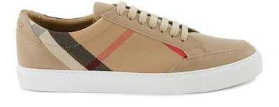 Shop Burberry House Check And Leather Sneakers In Tan
