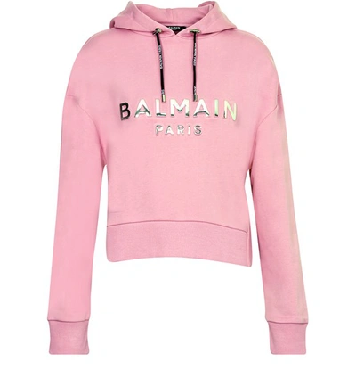 Shop Balmain Logo Hooded Sweatshirt In Oat Rose Argent