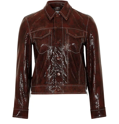 Shop Ganni Snake Printed Leather Jacket In Decadent Chocolate