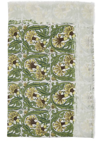 Shop Loewe Anagram Logo Scarf With Flowers Print In Green White