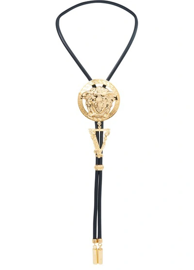 Shop Versace Leather Necklace In Nero Oro Caldo