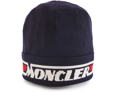 Shop Moncler Logo Beanie In Dark Blue