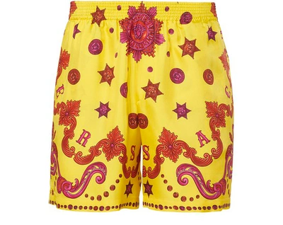 Shop Versace Striped Silk Shorts In Giallo Stampa