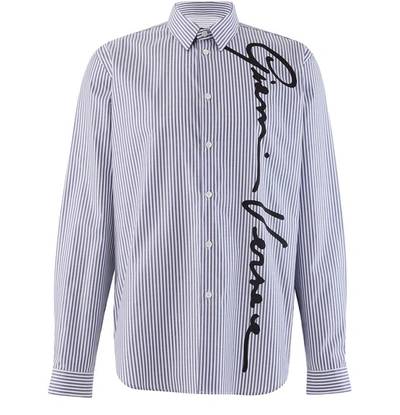 Shop Versace Logo Striped Shirt In Bianco/blue