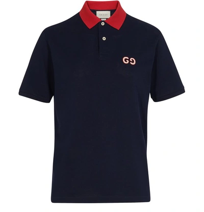 Shop Gucci Polo Shirt Embroidered Gg In Navy Live Red Mc