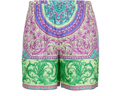 Shop Versace Fluo Barocco Print Shorts In Verde + Multicolor