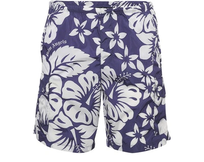 Shop Palm Angels Hawaiian Swimming Shorts In Blue/white