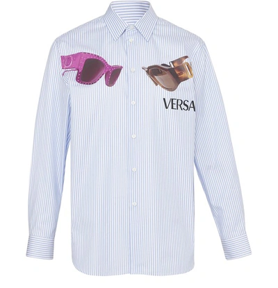 Shop Versace Logo Shirt In Bianco/azzuro