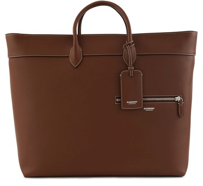 Shop Burberry Grainy Leather Holdall In Tan