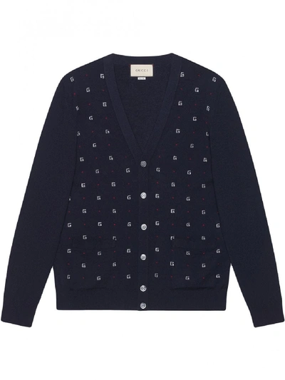 Shop Gucci Wool Logo Jacquard Cardigan In Blue