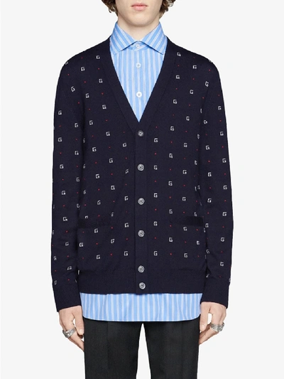 Shop Gucci Wool Logo Jacquard Cardigan In Blue