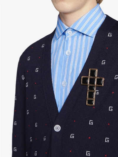 Shop Gucci Wool Logo Jacquard Cardigan In Blue