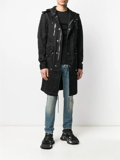 Shop Balmain Long Parka With Logo In Black