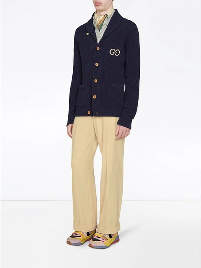 Shop Gucci Embroidered Wool Cardigan In Blue