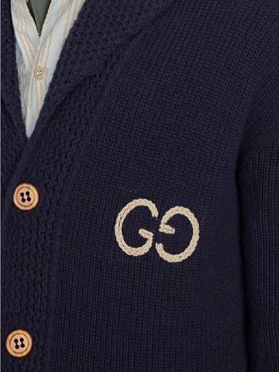 Shop Gucci Embroidered Wool Cardigan In Blue