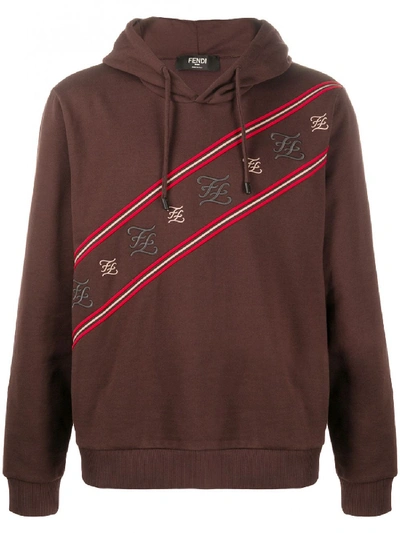 Shop Fendi Logo Print Hooded Sweatshirt In Brown