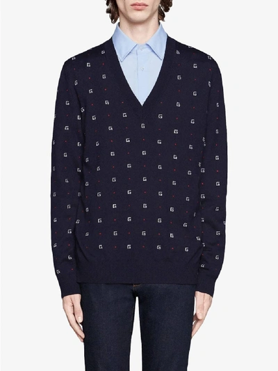 Shop Gucci Jacquard Wool V Neck Sweater In Blue