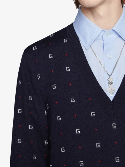 Shop Gucci Jacquard Wool V Neck Sweater In Blue