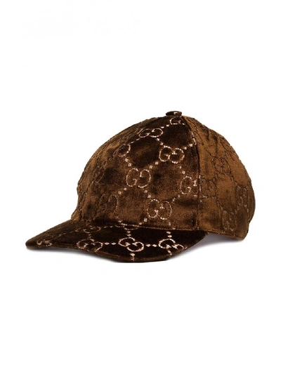 Shop Gucci Velvet Cap In Brown