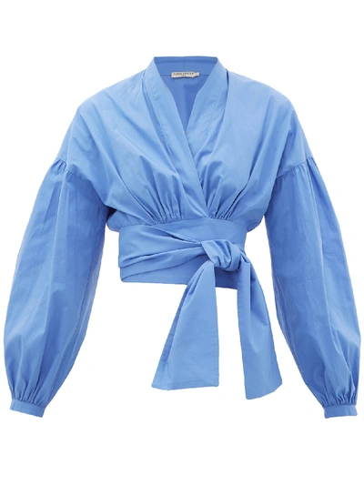 Shop Three Graces London Greta Balloon-sleeve Cotton-poplin Wrap Blouse In Blue
