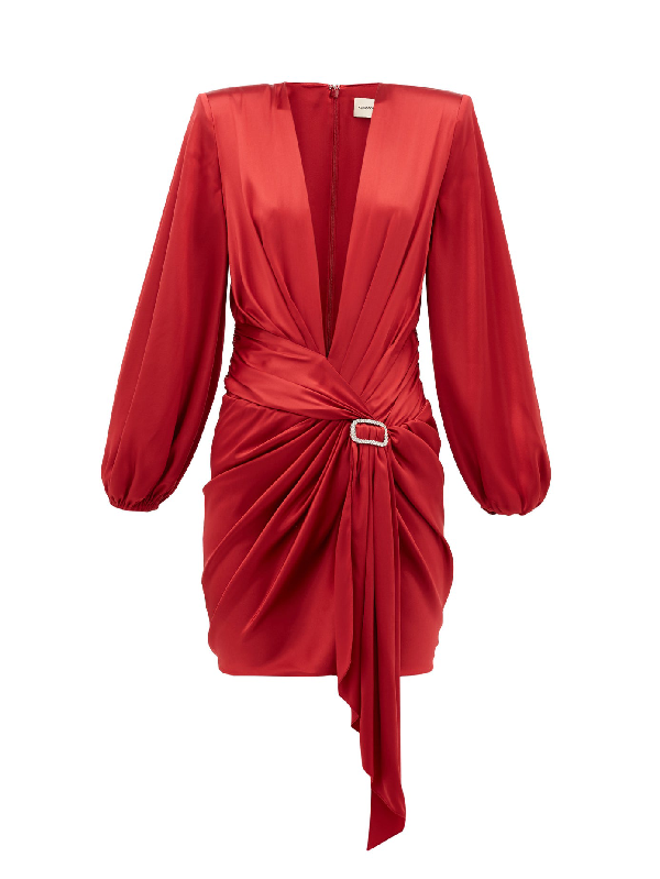 red silk v neck dress