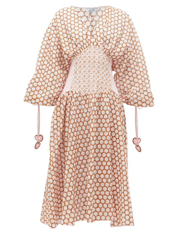 embroidered midi dress with ruched sleeves