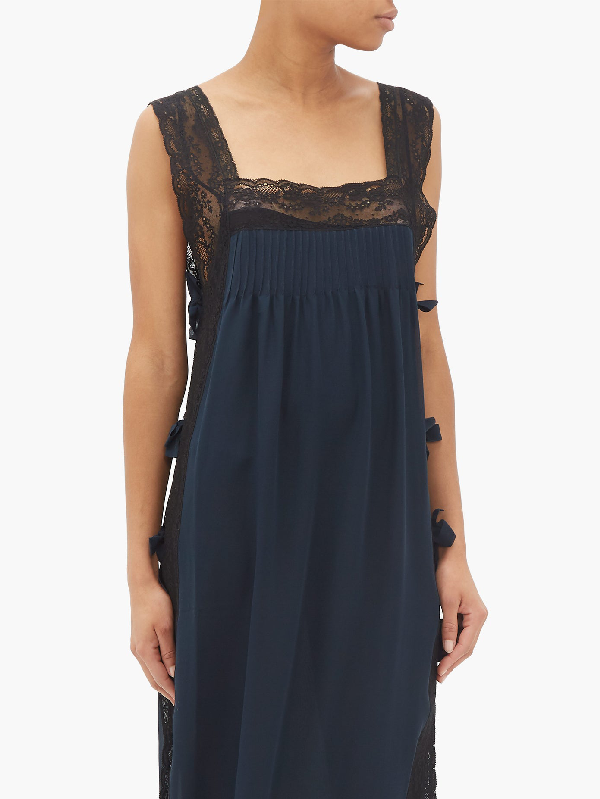 Loretta Caponi Fiocchini Lace-trimmed Silk-georgette Nightdress In Navy | ModeSens