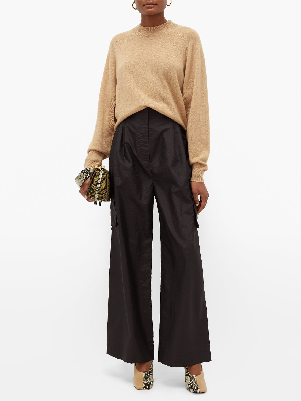 Tibi Cutout-sleeve Cropped Cashmere Sweater In Camel | ModeSens