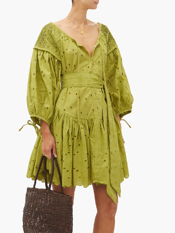 Innika Choo Meg Nettick Floral-embroidered Cotton Dress In Green | ModeSens
