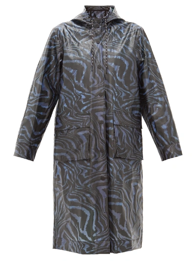 Ganni Tiger Print Water Repellent Biodegradable Raincoat In Blue | ModeSens