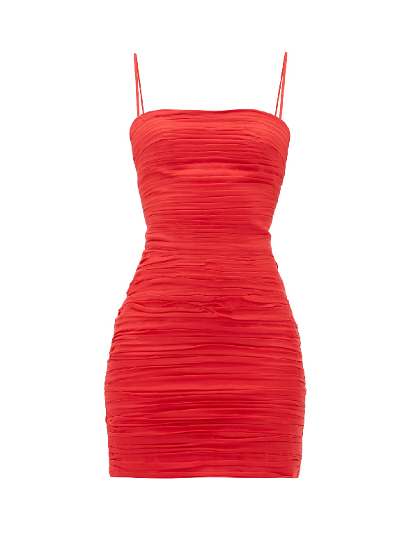 red ruched mini dress