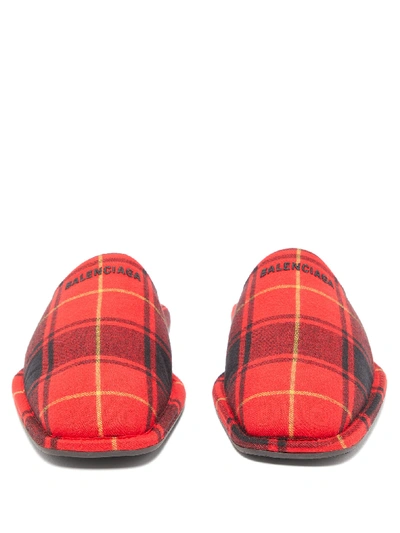 Balenciaga Logo-Embroidered Tartan Flannel Slippers in Red Wool