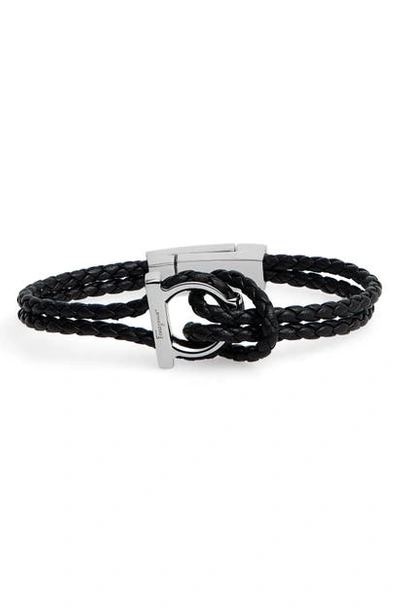 Shop Ferragamo Salvatore  Braided Leather Bracelet In 001 - Black