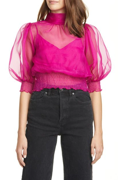 Shop Cinq À Sept Cleo Puff Sleeve Silk Crop Top In Pink Ruby