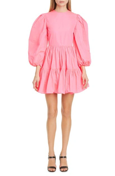 Shop Valentino Long Sleeve Tiered Taffeta Minidress In Rosa Fluo