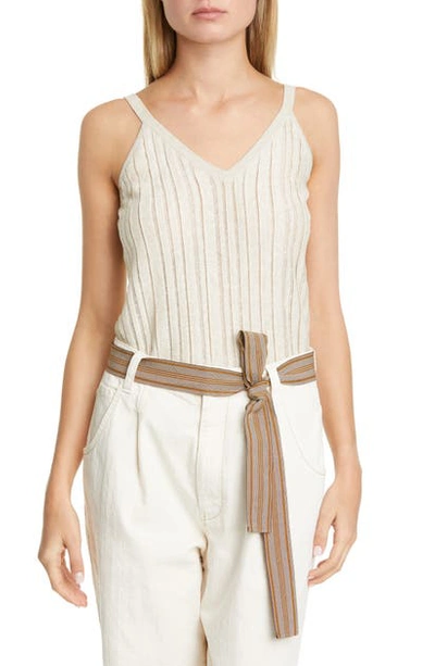 Shop Brunello Cucinelli Metallic Rib Linen Blend Sweater Tank In Beige