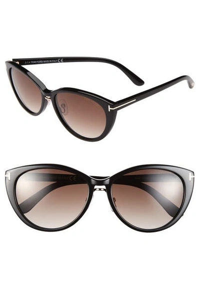 Shop Tom Ford 'gina' 57mm Cat Eye Sunglasses In Shiny Black/ Gradient Brown