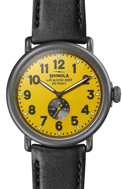 Shop Shinola 'the Runwell' Leather Strap Watch, 47mm In Black/ Yellow/ Gunmetal