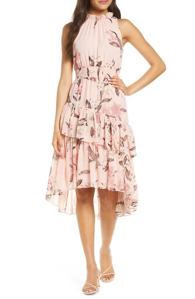 Shop Eliza J Floral Asymmetric Tiered Dress In Blush