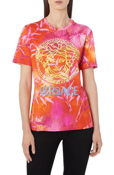 Shop Versace Jungle Print Logo Tee In Pink Fluo-orange